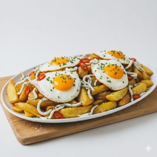 Huevos rotos con gulas (ración)