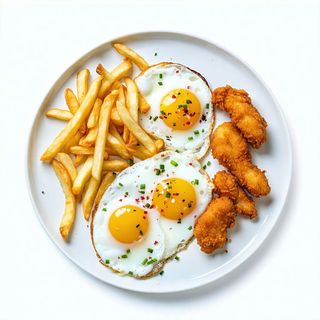 Huevos camperos con patatas y tiras de pollo (De Casa)