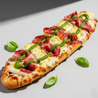 Baguette con mozzarella, speck, brie, pesto e salsa di pomodoro a parte
