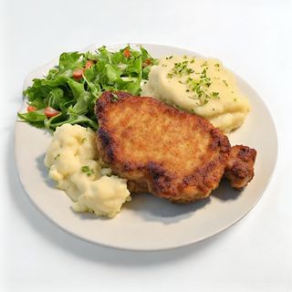 Kotlet schabowy podany z ziemniakami i świeżą surówką.