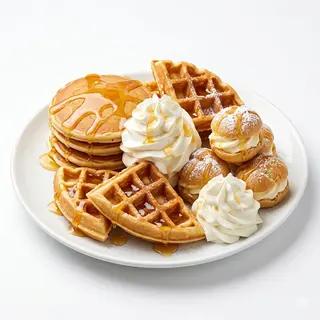 Profiteroles, tortitas o gofres con miel y nata