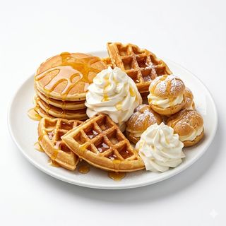 Profiteroles, tortitas o gofres con miel y nata