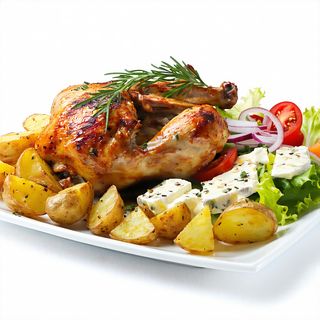 Combo pollo al horno cuartos, patatas caliu, alioli y ensaladilla rusa