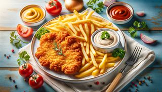 Snițel pui cu cartofi pai și sos