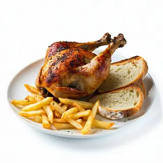 Menú pollo de corral gallego + patatas bistró + pan de leña