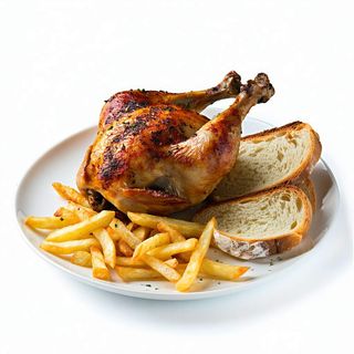 Menú pollo de corral gallego + patatas bistró + pan de leña