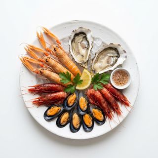 1 - 3 Scampi + 2 ostriche aperte  + 4 pezzi gambero  rosso