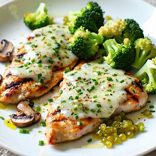 Пилешко филе с топено сирене и броколи