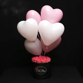 Set Cutie Medie cu Trandafiri Roz și 7 Baloane Roz