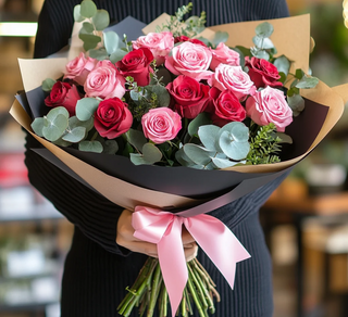 Buchet 15 trandafiri roșii și pink
