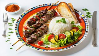 Kebab vita-oaie cu garniture de orez mediteranean