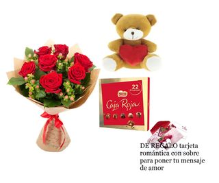 Ramo 6 Rosas Rojas+Peluche +Bombones+Regalo tarjeta romántica.