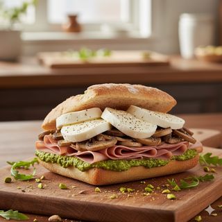 Fior di latte, funghi freschi, pesto di pistacchio, mortadella, bocconcini di bufala