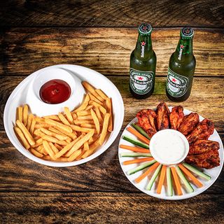 1x ბუფალოს ფრთები + კარტოფილი ფრი + 2x ლუდი ჰაინეკენი