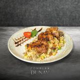 Свински вратни каренца на тиган върху ризото с горски
гъби
 (350г)