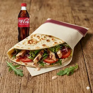 Piada pollo grigliato, insalata, pomodoro fresco e salsa + bibita