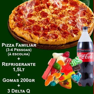 Pizza Familiar + 200gr Gomas + Bebida 1,5Lt + 3 Delta Q