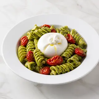 Fusilli al pesto con pomodorini confit e burrata