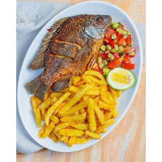 Whole Tilapia Wet or Dry Fry + Chips + Greens