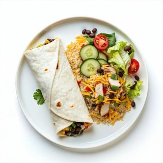 Burrito servito con riso e insalata