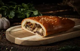Пухкий пиріг із ароматною куркою, картоплею, грибами та сливами