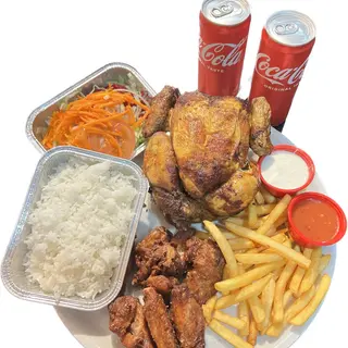 Menú Pollo Entero A L'Ast, 8 alitas, arroz. Patata asada , 2 latas