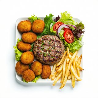Plato hamburguesa, croquetas, ensalada y patatas fritas
