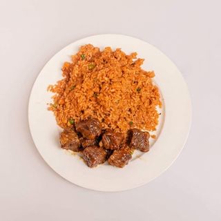3 portions of Jollof rice, 6 beef/assorted and a drink