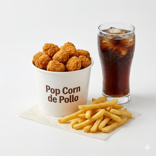 Pop Corn de Pollo (8 uds.) + Patatas Fritas + Refresco