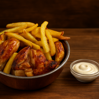 Pollo asado, con patatas y alioli