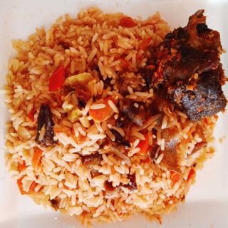 Goat meat jollof +Goat meat +plantain 