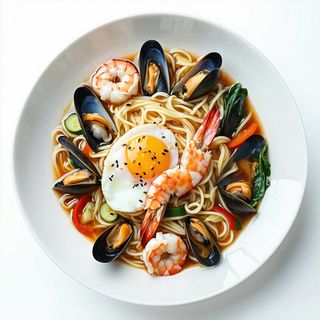 154. Spaghetti udon con frutti di mare