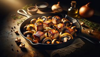 Свински хапки с гъби и лук