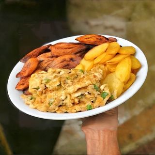 Fried Potatoes with Fried Plantain and Fried Eggs