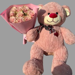9 różowych róż z misiem 