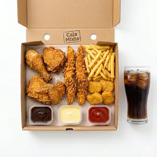 Caja mixta 4 pzs+4tiras cruijente+4nuggets+patatas+refresco1 Lt.+salsa