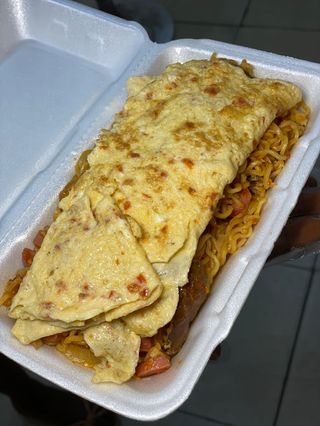 Noodles , hotdog , fish and fried egg 