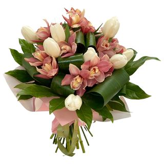 Buchet flori cu lalele si orhidee imperiala