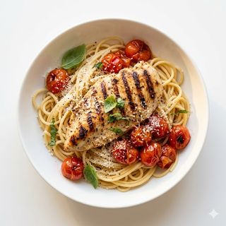 Makaron z pomidorkami cherry i grillowanym filetem