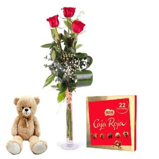 Ramo 3 Rosas Rojas Con Peluche Oso "Teddy" Y "Caja Roja" (22 Uds.)