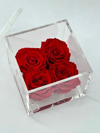 Caja de metacrilato con 4 rosas rojas preservadas perfumadas