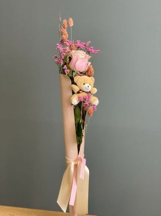 1 Rosa Rosa Con Peluche Y Presentación