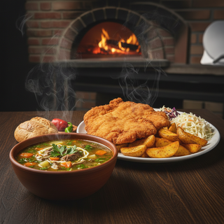 Ciorba de vacuta + snitel de pui cu cartofi la cuptor si varza alba