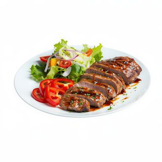 Lomo Fresco Adobado Con Ensalada, Pimientos Y Ensaladilla