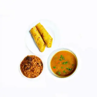Pilau (F), 1pc chapati, juice + gravy
