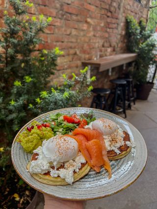AVOCADO RICOTA PANCAKES  WITH  SOMON AND EGGS