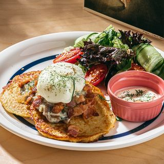 Draniki With Joulien, Poached Egg and Bacon.