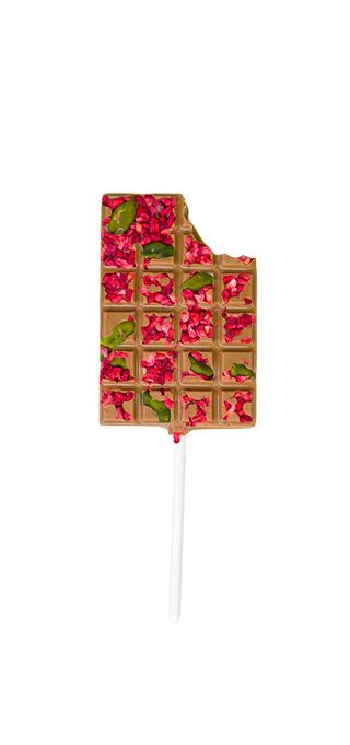 lizak tabliczka z mlecznej czekolady z malinami i pistacjami (30g)