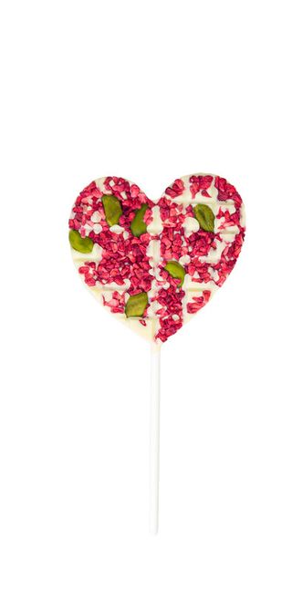 lizak serce z białej czekolady z malinami i pistacjami (25g)