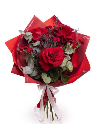 Buchet trandafiri roşii şi limonium